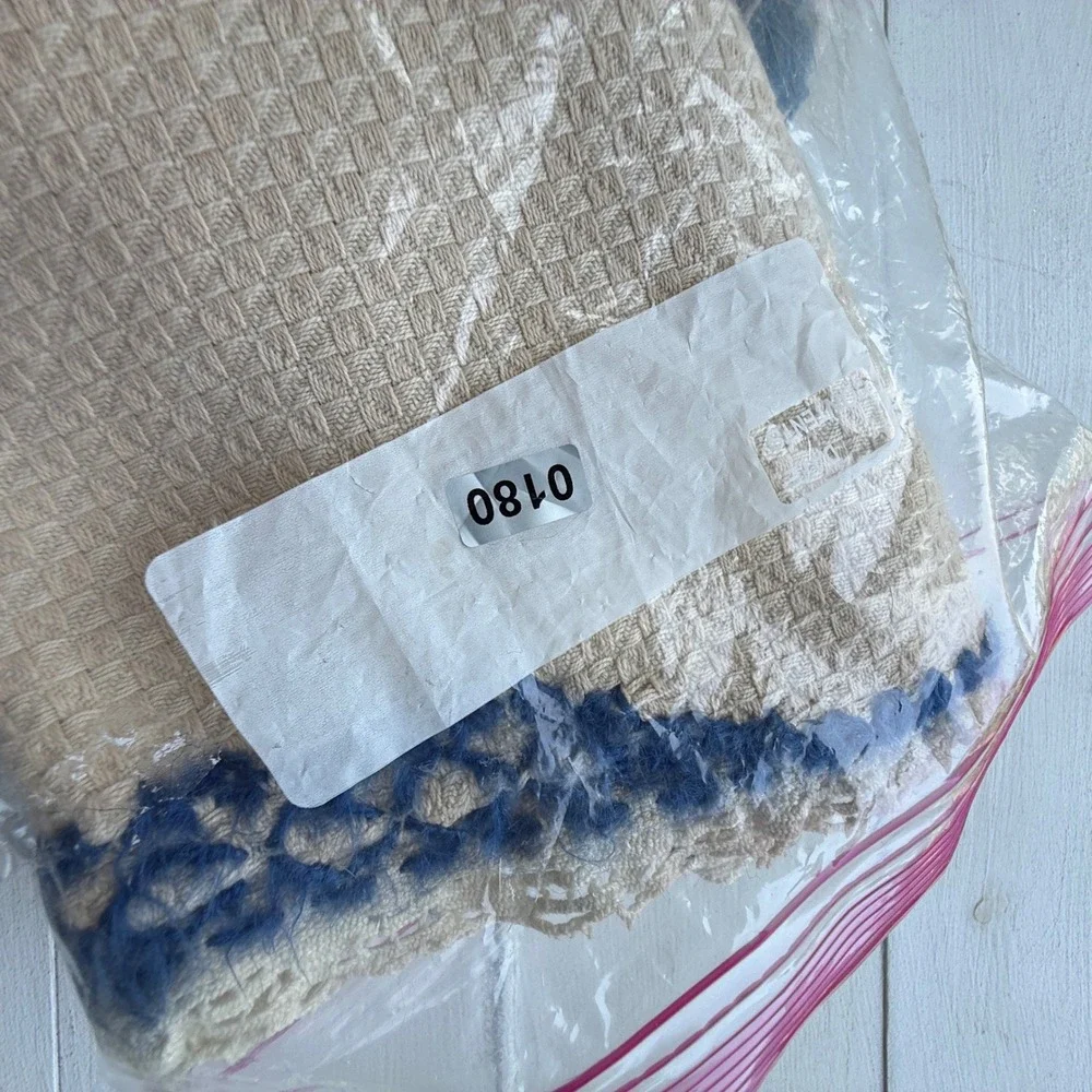 Vintage Hand Embroidered Floral Table Runner Blue White Lace Trim 42 Inch